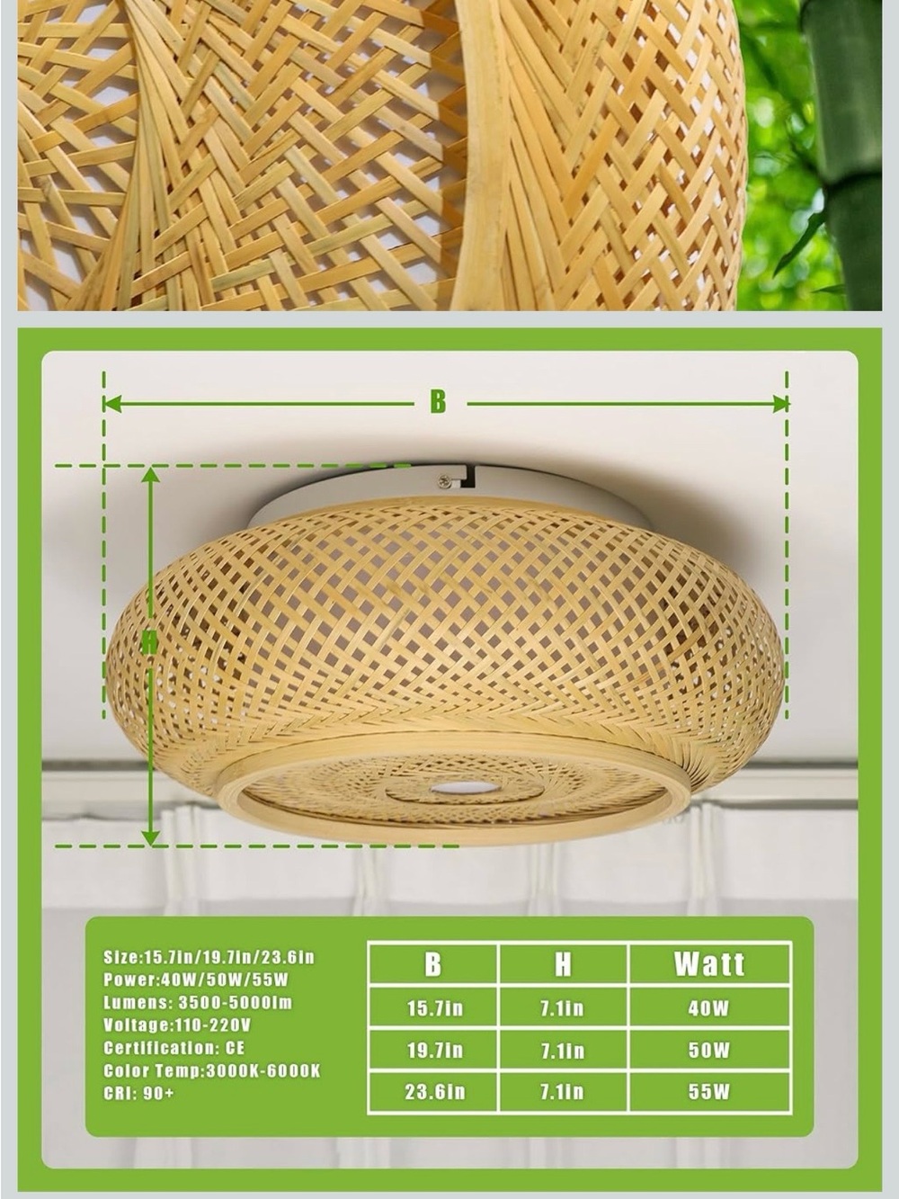 Woven Bamboo Rattan LED Flush Mount Ceiling Light Fixture - Picture 3 of 4